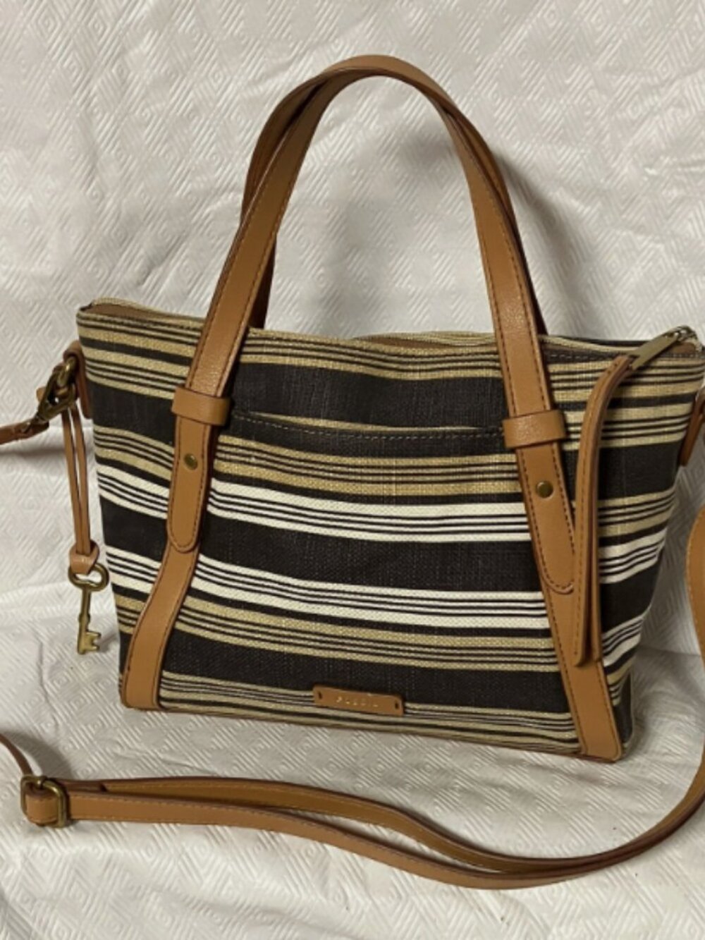 FOSSIL AVONDALE STRIPED CANVAS LEATHER SHOULDER BAG ADJ SHOULDER STRAP BROWNS